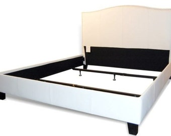 King Size White Genuine Leather Bed with Individual Nail Heads