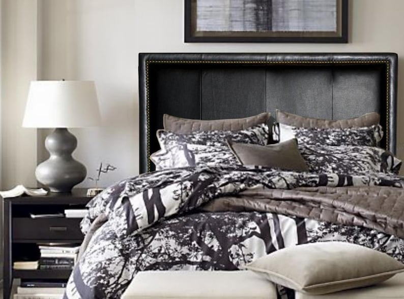 Queen Size Black Genuine Leather Headboard with Nail Head Trim Etsy