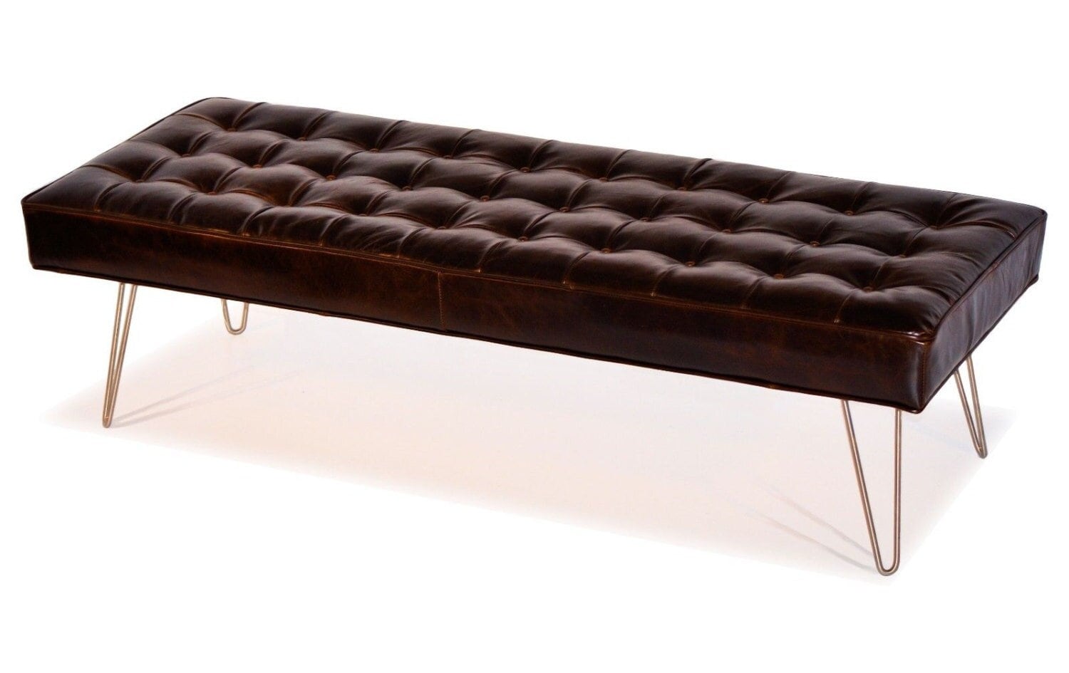 Mid Century Modern Dark Brown Button Tufting Leather Bench