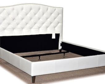 King Size White Genuine Leather, Diamond Tufted Bed with Pewter Nail Heads