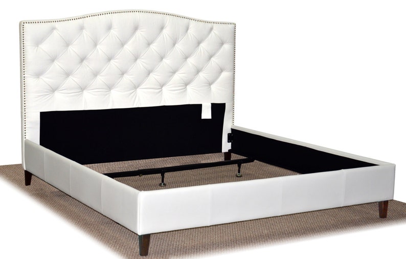 King Size White Genuine Leather Diamond Tufted Bed With Image 0