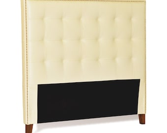 King Size Ivory-Cream Genuine Leather Buttonless Tufted Headboard with Nail Head Trim