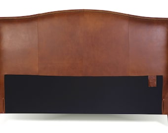 Queen Size Leather Headboard in Tobacco Brown Genuine Leather with Brass Nail Heads