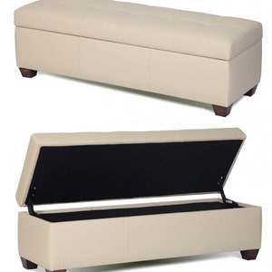 Queen Size Genuine Leather Storage Bench in Bone Color, Tufted Ottoman - Bed Chest