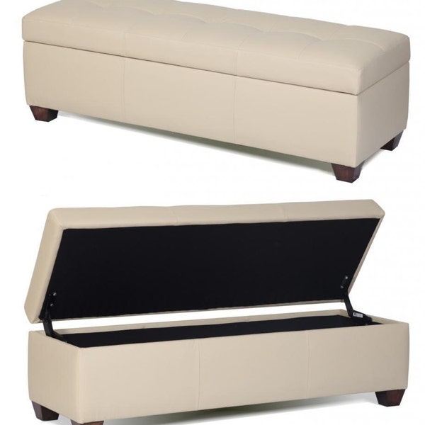 King Size Genuine Leather Storage Bench in Bone Color, Tufted Ottoman - Bed Chest