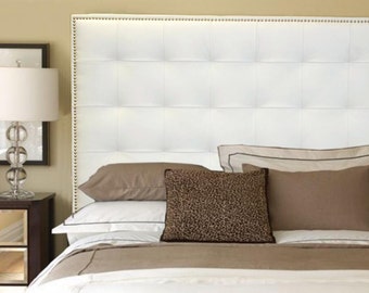 King Size White Genuine Leather Buttonless Tufted Headboard with Nail Head Trim