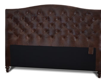 King Size Brunette Genuine Leather, Diamond Tufted Headboard w/ Leather Button or Buttonless Tufting