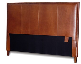 Queen Size Leather Headboard in Tobacco Brown Genuine Leather Nail Head trim