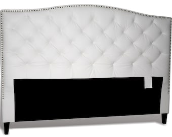 King Size White Genuine Leather, Diamond Tufted Headboard with Pewter Nail Heads