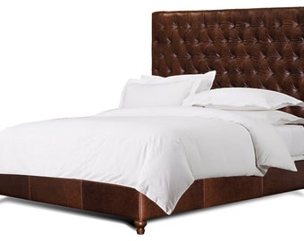 King Size Chesterfield Bed w/ Deep Buttonless, Diamond Tufting in Mink color Genuine Leather