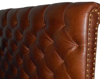 King Size Chesterfield Headboard, Deep button tufting and Nail Heads in Jack Daniels Genuine Leather