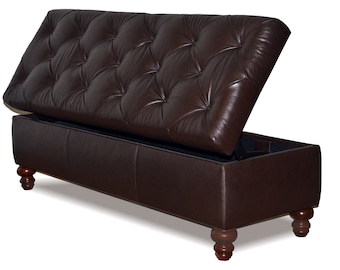 King Size Chesterfield Storage Bench, Button Tufted Ottoman in Espresso Genuine Leather