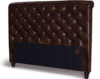 King Size Chesterfield Headboard, Deep button tufting and Nail Heads in two tone Tobacco Genuine Leather