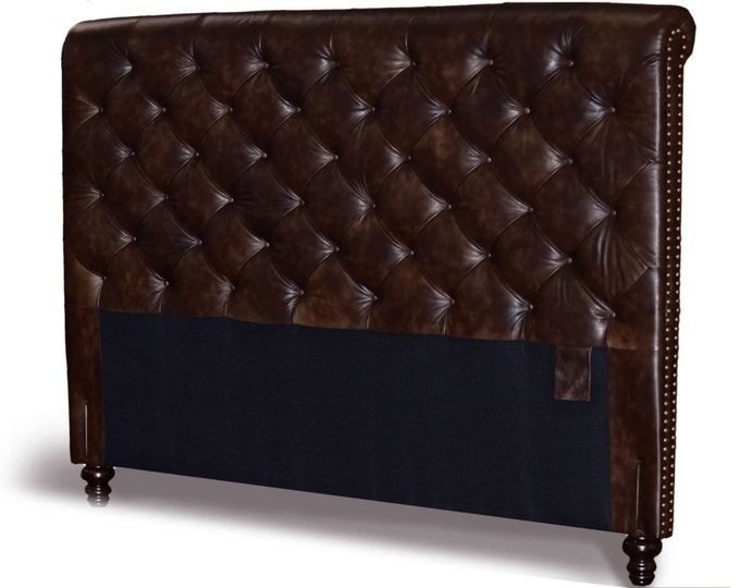 Featured listing image: King Size Chesterfield Headboard, Deep button tufting and Nail Heads in two tone Tobacco Genuine Leather