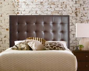 Wall Mounted King size Extra-Tall Headboard, Upholstered in Chocolate Genuine Leather with Nail Head Trim