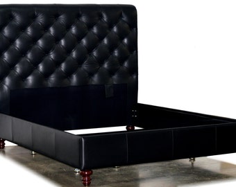 King Size Chesterfield Bed, Deep Button Diamond Tufting and Nail Heads in Genuine Leather