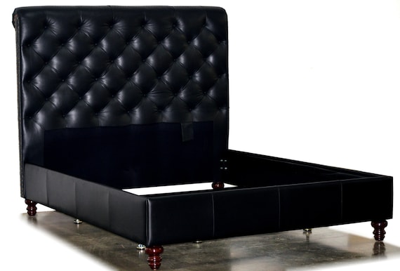 Black leather tufted bed deals