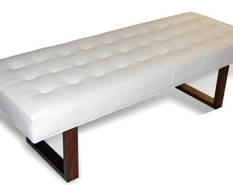 Retro - Modern White Genuine Leather Dining Bench, Ottoman, Coffee Table