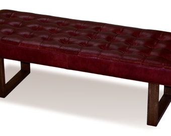 Retro - Modern Merlot Red Genuine Leather Bench, Ottoman, Coffee Table