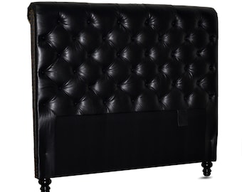 Queen Size Chesterfield Headboard, Deep Button or Button-less Diamond Tufting and Nail Heads in Black Genuine Leather