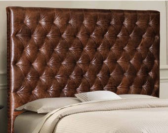 Queen Size Chesterfield Headboard w/ Deep Buttonless, Diamond Tufting & Nailhead trim in Mink color Genuine Leather