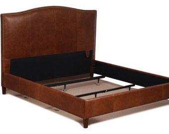 Queen Size Leather Bed in Tobacco Brown Genuine Leather with Brass Nail Heads