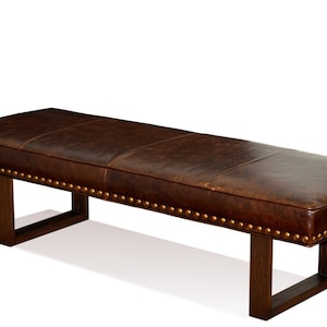 Antique Brown Genuine Leather Upholstered Dining Bench, Ottoman, Coffee Table with Nail Head trim