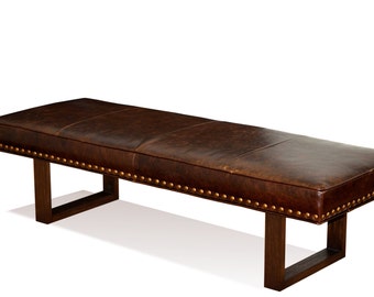 Antique Brown Genuine Leather Upholstered Dining Bench, Ottoman, Coffee Table with Nail Head trim