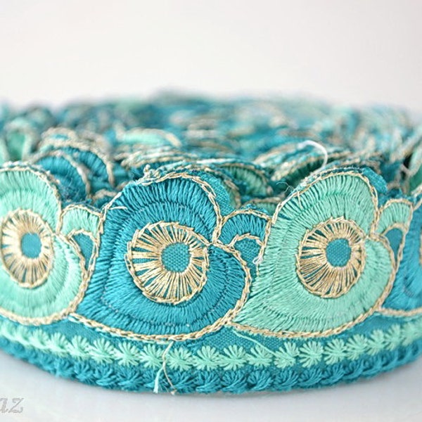 Embroidery Lace Trim, Border, Indian Style, Turquoise, Pastel Green, Gold Thread - 1 meter