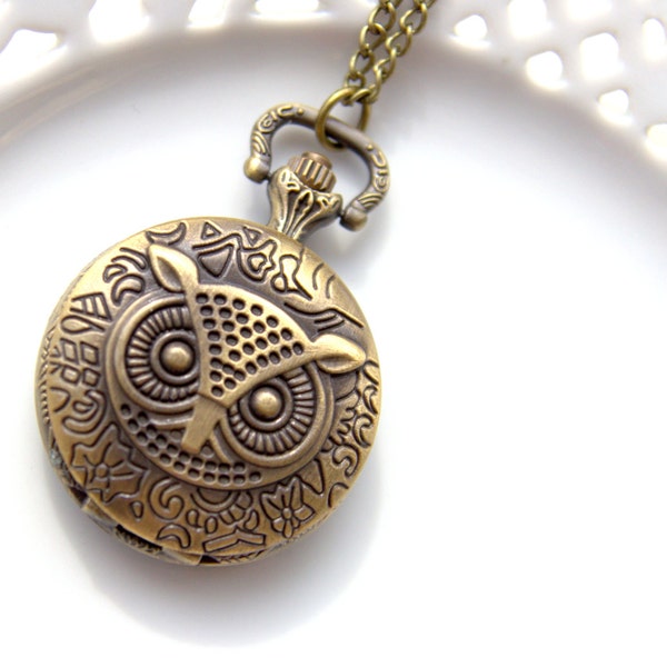 Owl Watch Necklace, Owl Antique Brass Pocket Watch, Owl Charm Necklace, Natural Jewelry, Working Clock, Harry Potter Watch (PW08)