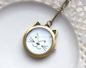 Cat Pocket Watch, Pocketwatch Antique Brass Cat, Vintage Look Clock, Necklace Pocketwatch, Working Watch Cats Pet (PW34)