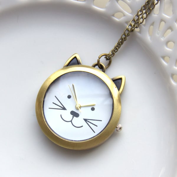 Cat Pocket Watch, Pocketwatch Antique Brass Cat, Vintage Look Clock, Necklace Pocketwatch, Working Watch Cats Pet (PW34)