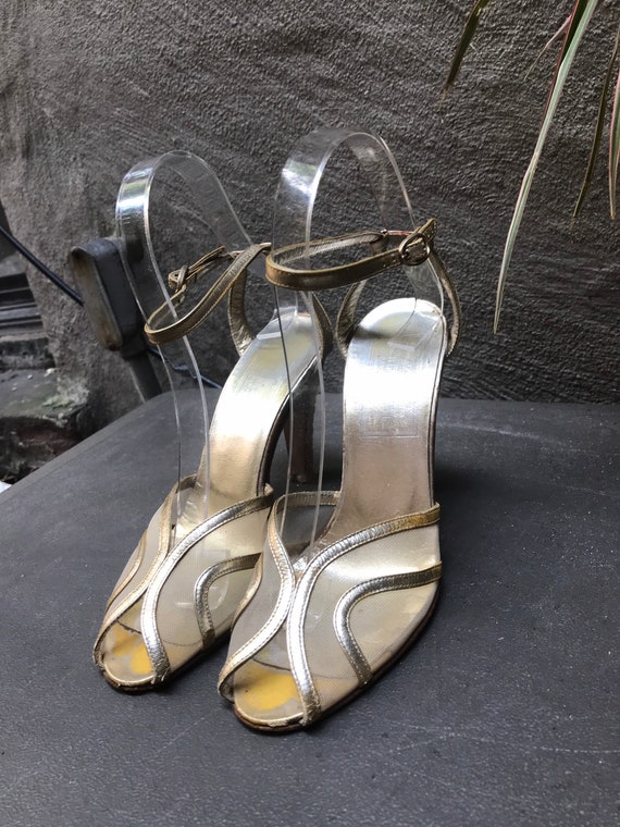 VTG 70s does 30s gold leather ankle strap peep to… - image 4