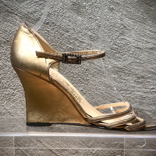 Salvador Ferragamo VTG 90s Does 30s bronze leather platform wedge high heel 6N