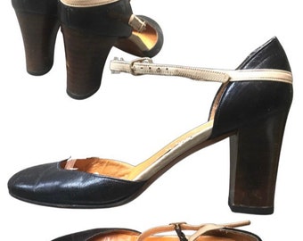 Charles Jourdan 70s VTG Avant-Garde wood stacked heel round toe shoe 5.5 M 6 M