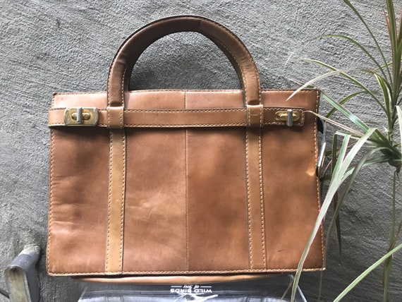 VTG 70s briefcase brown leather with gold handbag… - image 8