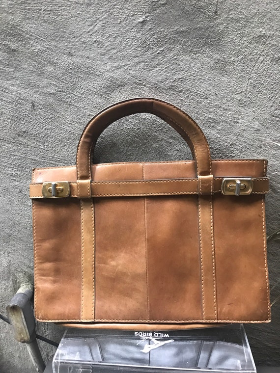 VTG 70s briefcase brown leather with gold handbag… - image 6