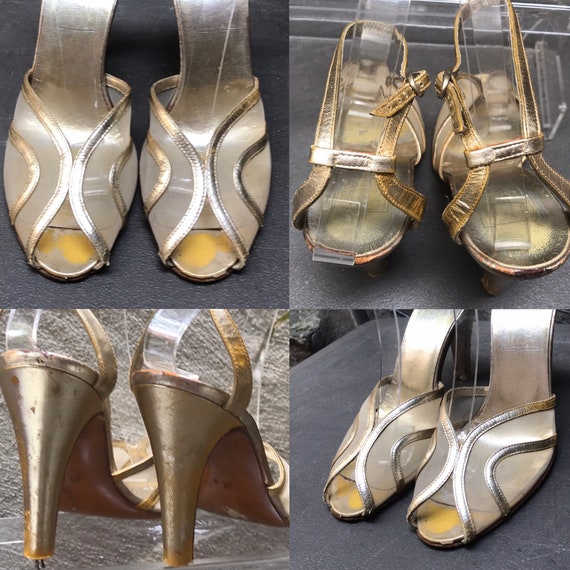 VTG 70s does 30s gold leather ankle strap peep toe