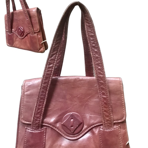 Vintage 70s / 40s cognac burgundy leather gorgeous little avant-garde handbag boho evening