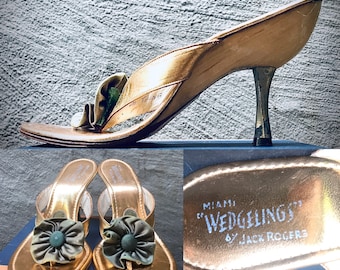 VTG “Wedgelings” by Jack Rogers thong high heel 50s mule slide sandal shoe sz 5.5 gold wooden w/ metal heel