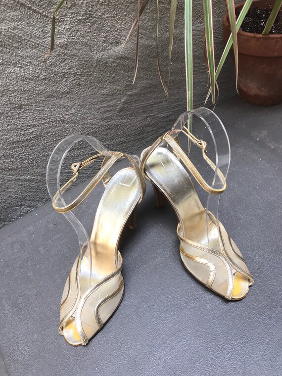 VTG 70s does 30s gold leather ankle strap peep to… - image 8