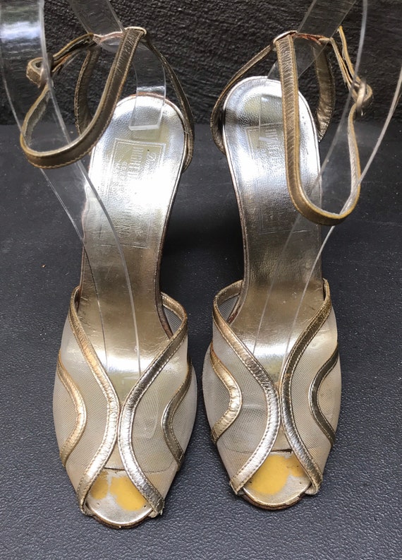 VTG 70s does 30s gold leather ankle strap peep to… - image 2