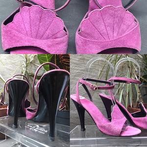VTG 70s rose chaud violet avec coque ventilateur en daim bracelet bracelet strapy sandale 5.5M - 6M
