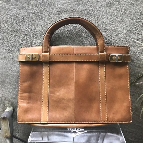 VTG 70s briefcase brown leather with gold handbag… - image 1