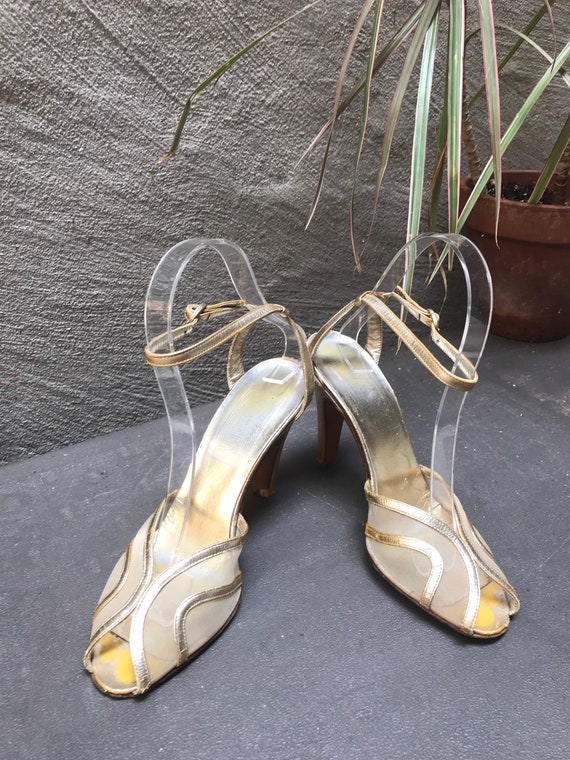 VTG 70s does 30s gold leather ankle strap peep to… - image 3