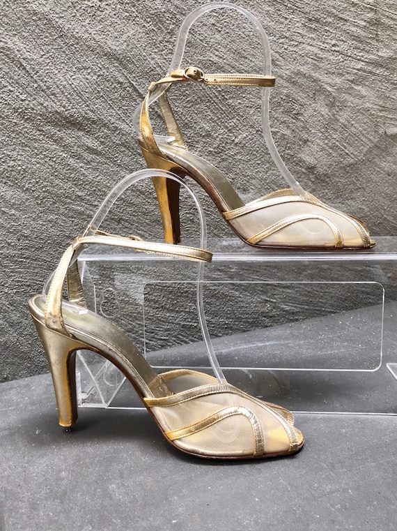 VTG 70s does 30s gold leather ankle strap peep to… - image 7