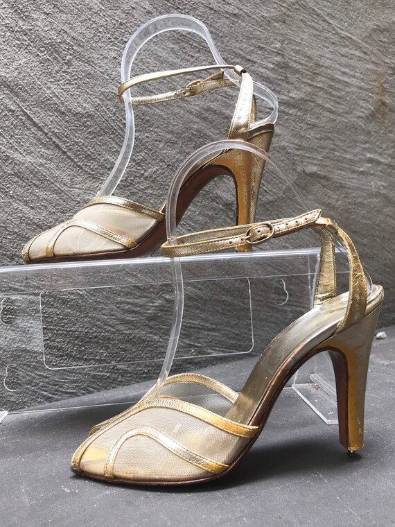 VTG 70s does 30s gold leather ankle strap peep to… - image 6