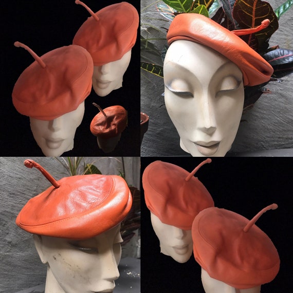 VTG 1960s leather mod avant-garde orange beret hat