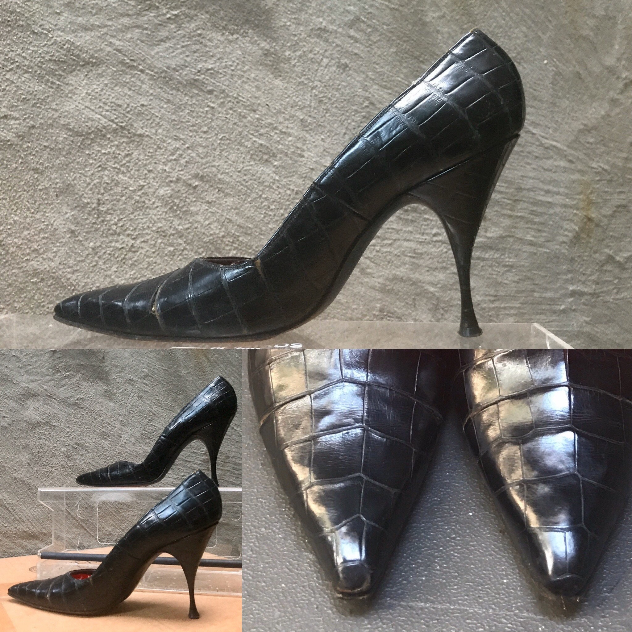 Shoes Herbert Levine VTG 50s alligator stiletto black high heel shoe ...