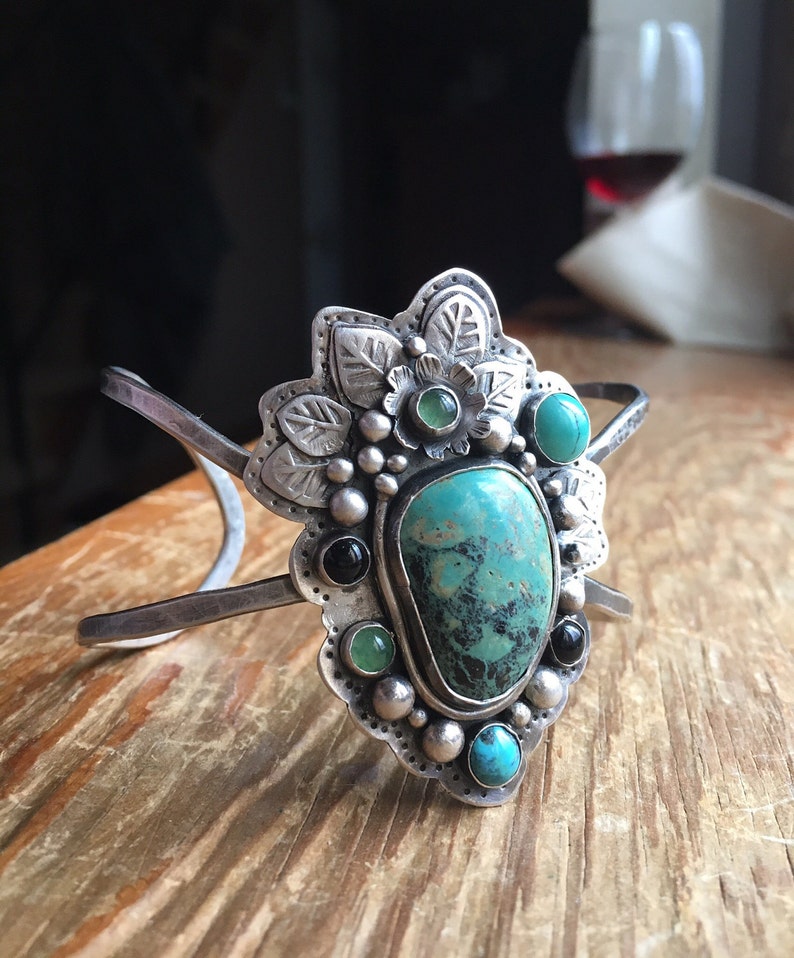 nature inspired Turquoise multi colored floral themed stamped Artisan fine silver textured cuff
